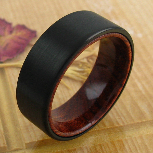 Flat black tungsten outer band with wood inner band | Wholesale Tungsten Rings - Wedding Bands | Matt photo