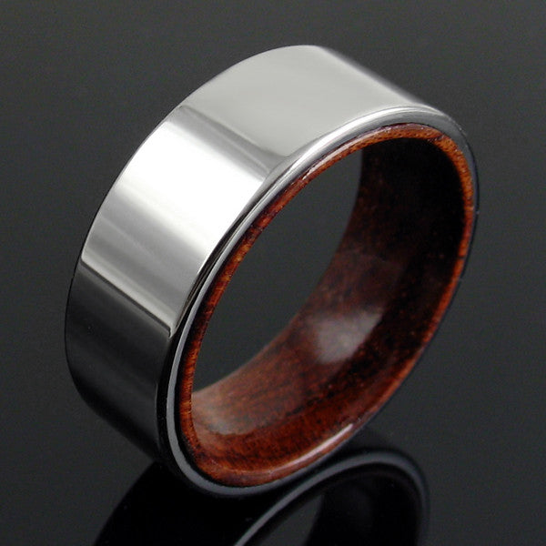 Flat ring with wood inner band & tungsten outer band | Wholesale Tungsten Rings - Wedding Bands | Black photo