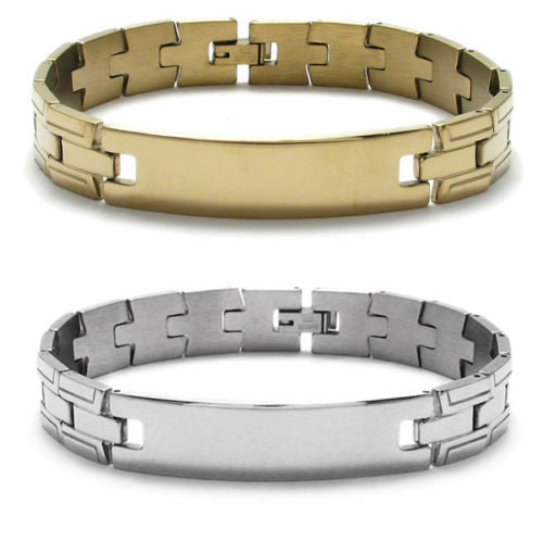 Edge grooved strap link bracelet with engravable plate | Wholesale 316L Stainless Steel Jewelry | Combo photo