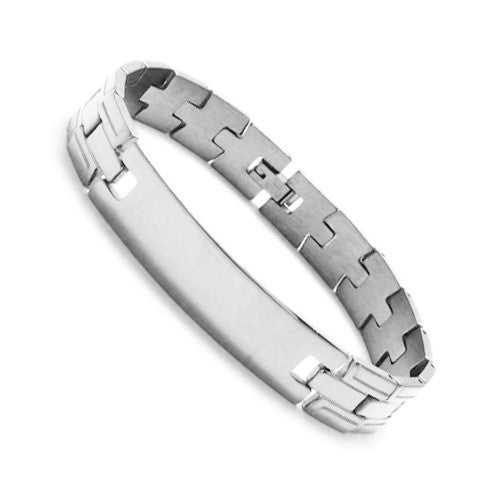 Edge grooved strap link bracelet with engravable plate | Wholesale 316L Stainless Steel Jewelry | Steel photo