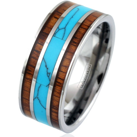 Silver 10mm tungsten ring w/ turquoise inlay between 2 Koa wood inlays | Wholesale tungsten rings - wedding bands | Diagonal photo