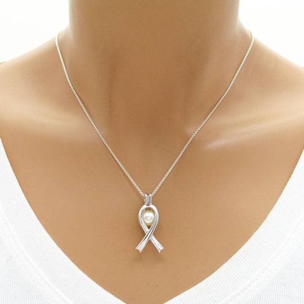 Simple Elegant Awareness Ribbon Sterling Silver Pearl Cage | Wholesale 925 Sterling Silver Jewelry | Mannequin photo