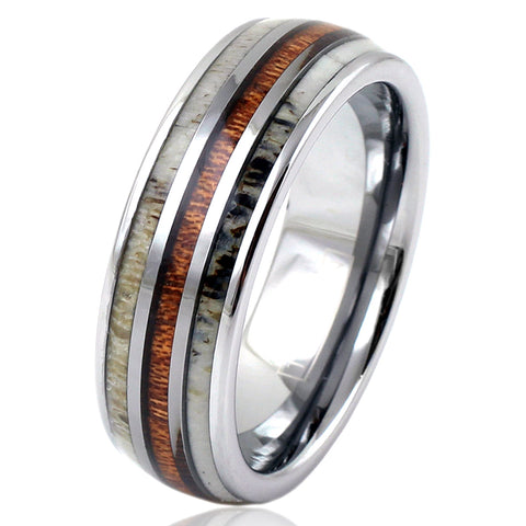 Silver Tungsten Dome Ring w/ Koa Wood Inlay Between 2 Deer Antler Inlays - Wholesale tungsten rings - wedding bands - slanted photo