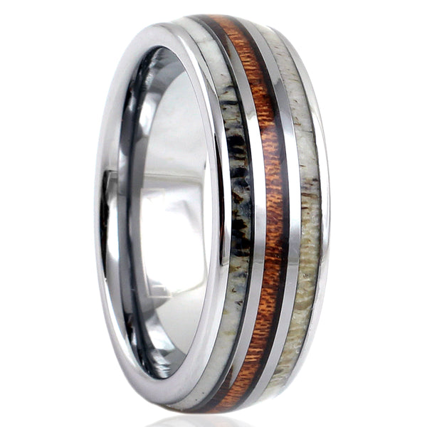 Silver Tungsten Dome Ring w/ Koa Wood Inlay Between 2 Deer Antler Inlays - Wholesale tungsten rings - wedding bands - upright photo