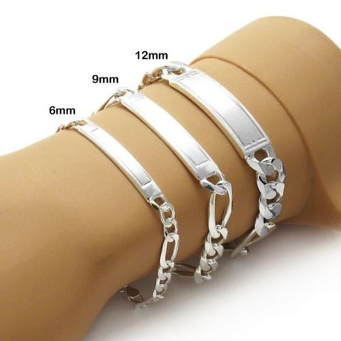 Stunning Engravable Brushed Center Figaro ID Bracelet | Wholesale 925 Sterling Silver Jewelry | Main