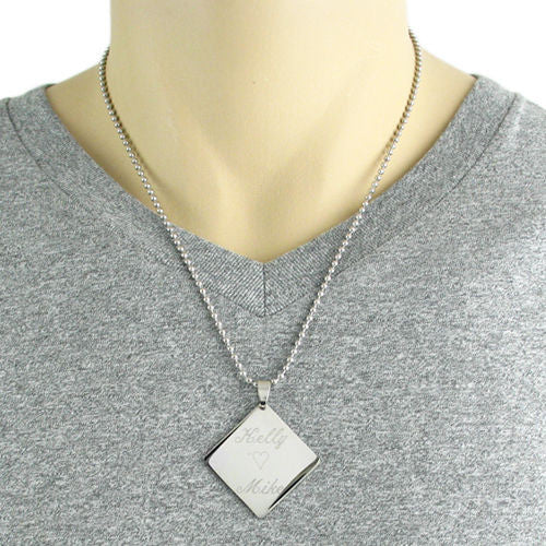 Engravable diamond shaped pendant with ball chain | Wholesale 316L Stainless Steel Jewelry | Alternate photo