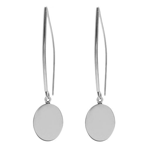 Elegant engravable oval disks on long hanging hook earrings | Wholesale 925 Sterling Silver Jewelry | Item photo
