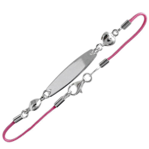 Beautiful Child's Pink Cord Bracelet with Heart Charm and Engravable ID | Wholesale 925 Sterling Silver Jewelry | Main