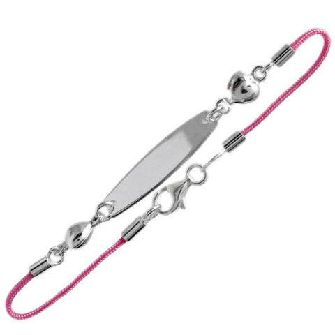 Beautiful Child's Pink Cord Bracelet with Heart Charm and Engravable ID | Wholesale 925 Sterling Silver Jewelry | Main