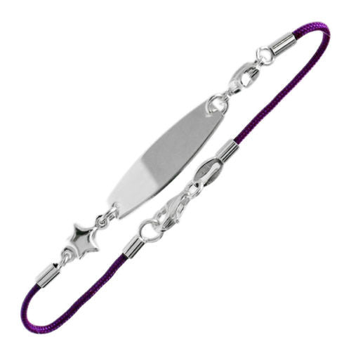 Fashionable Child's Engravable Purple Cord ID Bracelet with Star Charms - 6 Inch | Wholesale 925 Sterling Silver Jewelry | Main