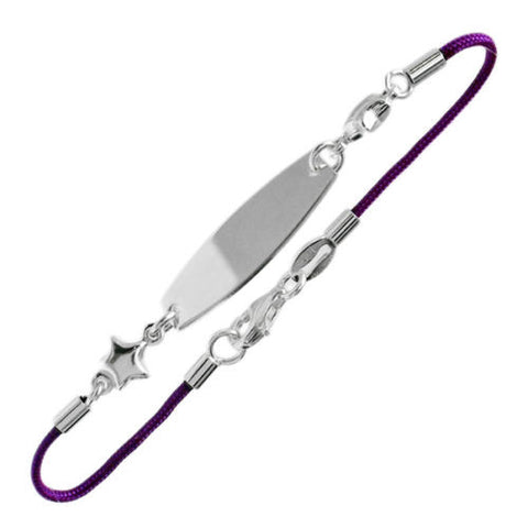 Fashionable Child's Engravable Purple Cord ID Bracelet with Star Charms - 6 Inch | Wholesale 925 Sterling Silver Jewelry | Main