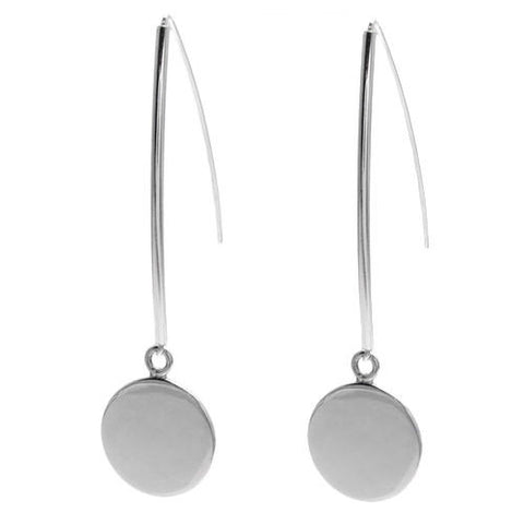 Modernist engravable round disk on long hanging hook earrings | Wholesale 925 Sterling Silver Jewelry | Item photo