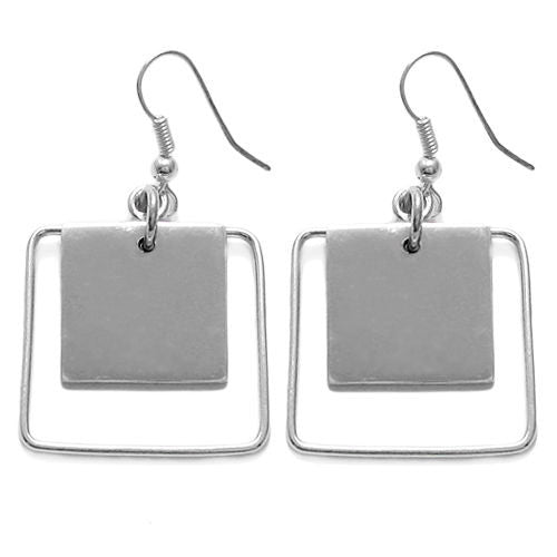 Engravable square in square outline frame hanging earrings | Wholesale 925 Sterling Silver Jewelry | Item photo