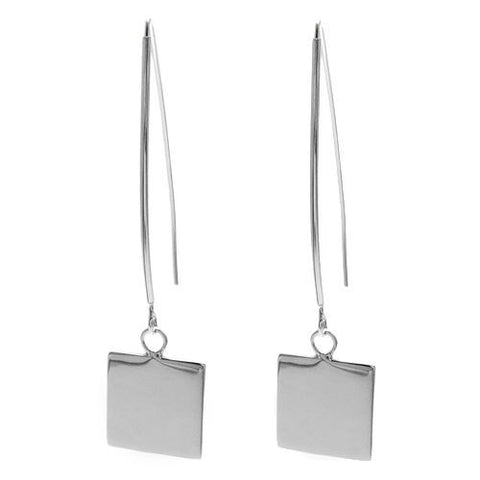 Minimalist engravable square on long hanging hook earrings | Wholesale 925 Sterling Silver Jewelry | Item photo