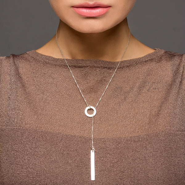 Beautiful engravable vertical rectangular bar through ring pendant necklace | Wholesale 925 Sterling Silver Jewelry | Main photo