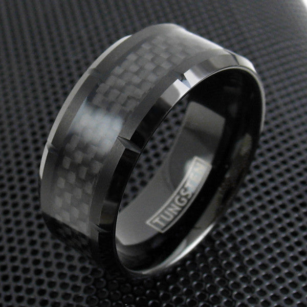 10mm Wide Notched Black Tungsten Ring w/ Black Carbon Fiber Inlay | Wholesale Tungsten Rings - Wedding Bands | Alternate Photo