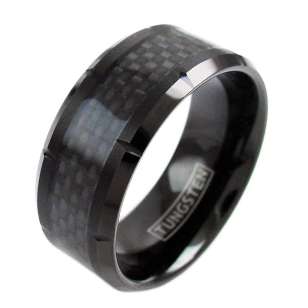 10mm Wide Notched Black Tungsten Ring w/ Black Carbon Fiber Inlay | Wholesale Tungsten Rings - Wedding Bands | Diagonal Photo