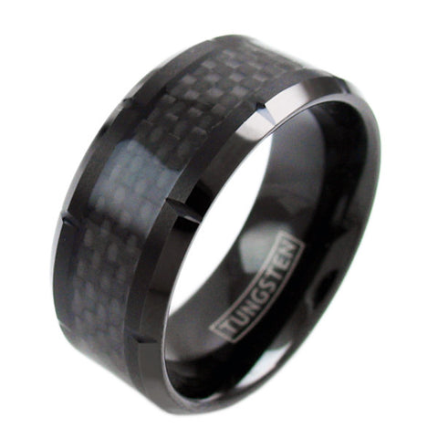 10mm Wide Notched Black Tungsten Ring w/ Black Carbon Fiber Inlay | Wholesale Tungsten Rings - Wedding Bands | Diagonal Photo