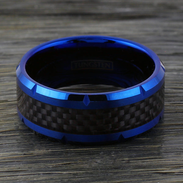 10mm Wide Notched Royal Blue Tungsten Ring w/ Black Carbon Fiber Inlay | Wholesale Tungsten Rings - Wedding Bands | Flat Photo