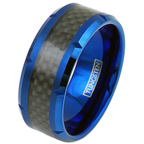 10mm Wide Notched Royal Blue Tungsten Ring w/ Black Carbon Fiber Inlay | Wholesale Tungsten Rings - Wedding Bands | White Photo