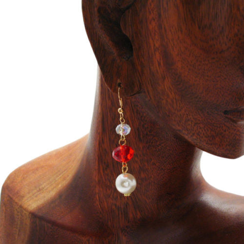 Faceted orange crystal with 12mm faux pearl dangling hook earrings | Wholesale Fashion Jewelry | Alternate photo