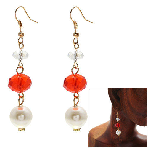 Faceted orange crystal with 12mm faux pearl dangling hook earrings | Wholesale Fashion Jewelry | Combo photo