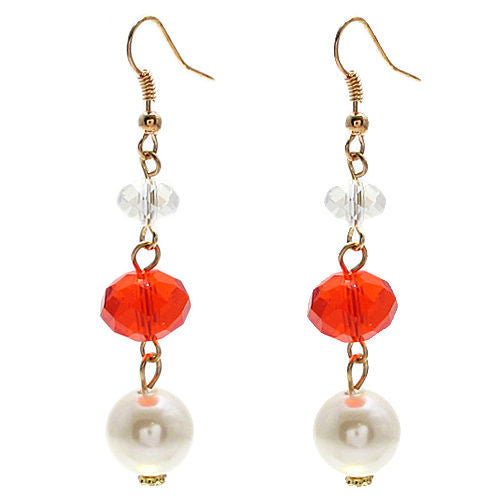 Faceted orange crystal with 12mm faux pearl dangling hook earrings | Wholesale Fashion Jewelry | Item photo
