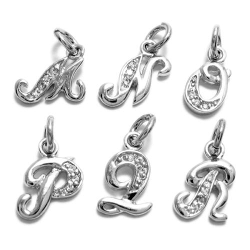 Sleek Fancy Script Initial Charm with Sparkly CZs | Wholesale 925 Sterling Silver Charms | Alternate