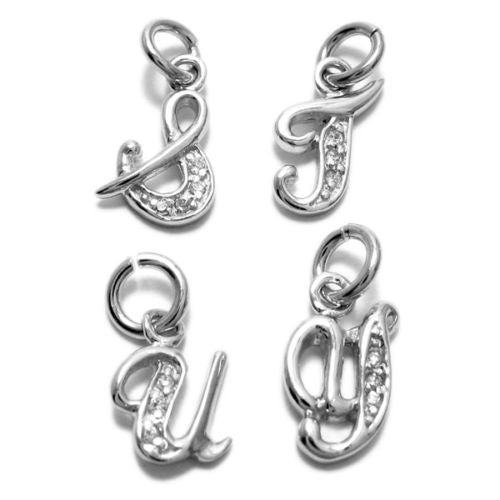 Sleek Fancy Script Initial Charm with Sparkly CZs | Wholesale 925 Sterling Silver Charms | Alternate