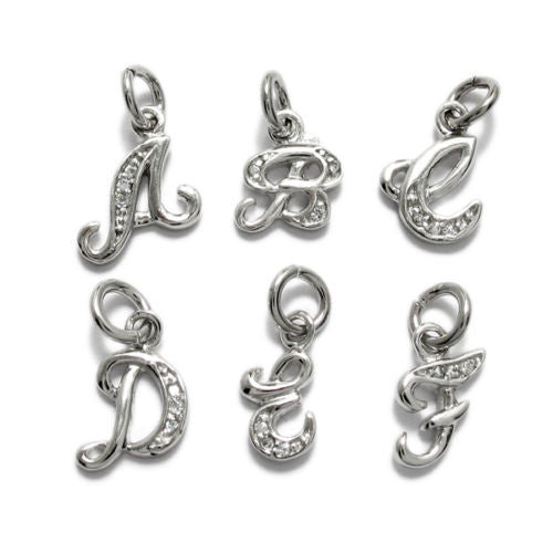 Sleek Fancy Script Initial Charm with Sparkly CZs | Wholesale 925 Sterling Silver Charms | Main