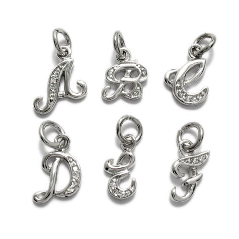 Sleek Fancy Script Initial Charm with Sparkly CZs | Wholesale 925 Sterling Silver Charms | Main