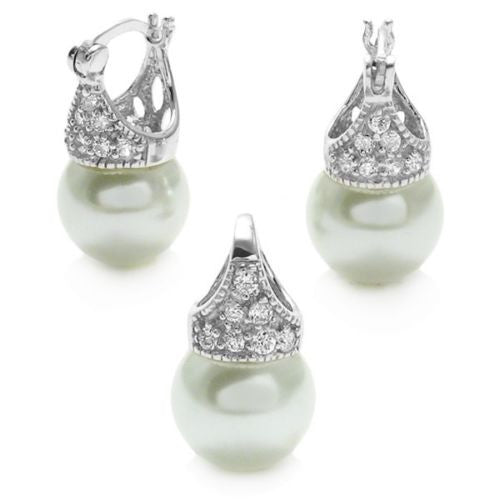 Faux pearl with CZ accents pendant and earrings set | Wholesale 925 Sterling Silver Jewelry | Main photo