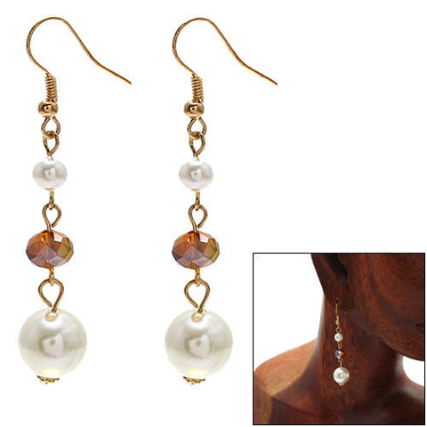 Faux pearls with amber colored crystals on long dangling hook earrings | Wholesale Fashion Jewelry | Combo photo