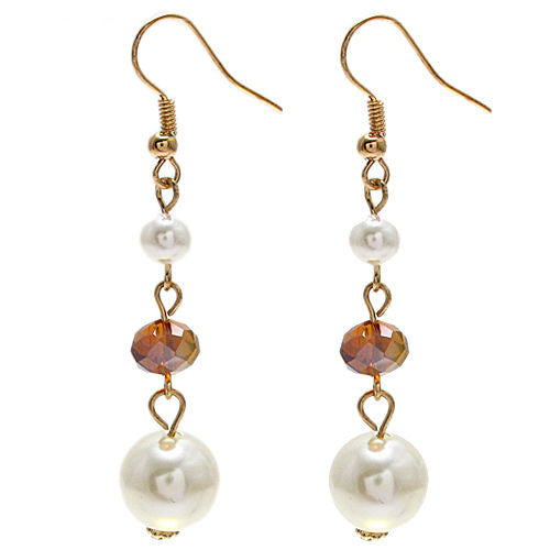 Faux pearls and amber crystal on long dangling hook earrings | Wholesale Fashion Jewelry | Item Photo
