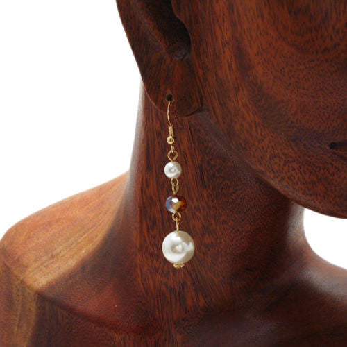 Faux pearls and amber crystal on long dangling hook earrings | Wholesale Fashion Jewelry | Alternate Photo
