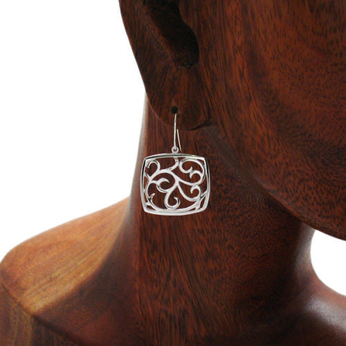 Lovely fern frond filigree bulging square hanging earrings | Wholesale 925 Sterling Silver Jewelry | Alternate Photo