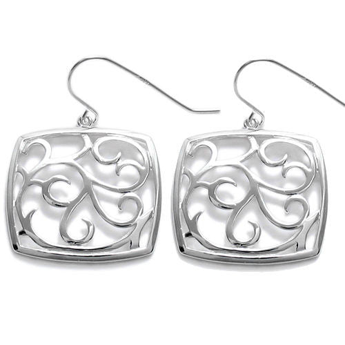 Lovely fern frond filigree bulging square hanging earrings | Wholesale 925 Sterling Silver Jewelry | Item Photo