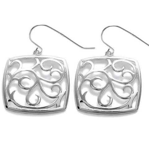 Lovely fern frond filigree bulging square hanging earrings | Wholesale 925 Sterling Silver Jewelry | Item Photo