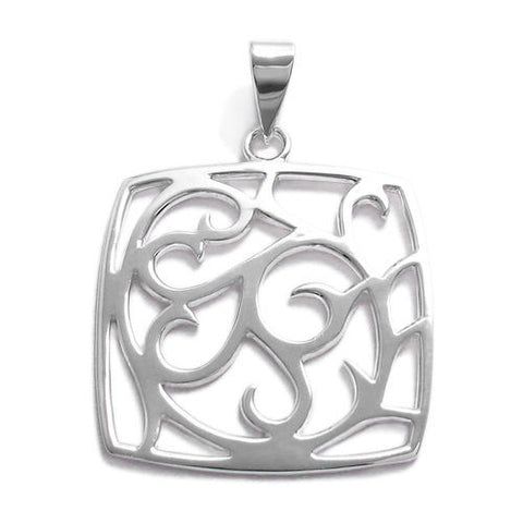 Lovely fern frond filigree bulging square pendant | Wholesale 925 Sterling Silver Jewelry | Item photo