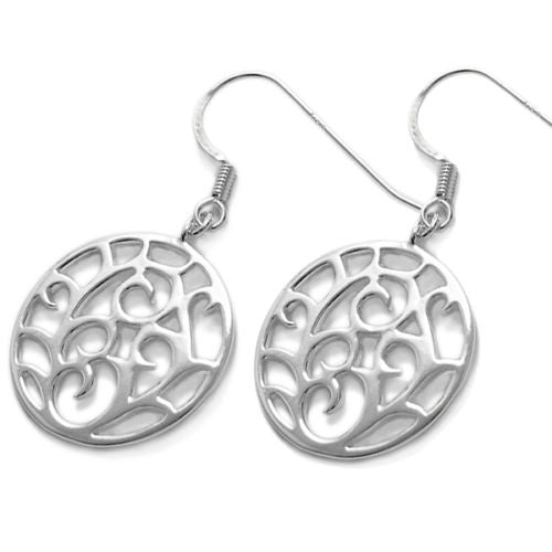 Delicate fern frond filled circle hanging earrings | Wholesale 925 Sterling Silver Jewelry | Item photo