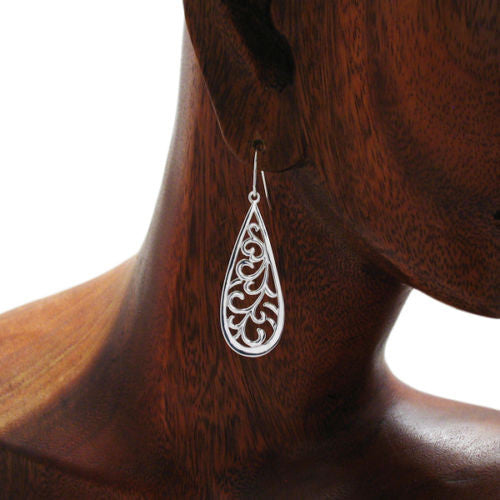 Fern frond filigree teardrop hanging earrings | Wholesale 925 Sterling Silver Jewelry | Alternate Photo