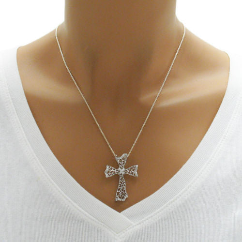 Marvelous Filigree Cross Pendant Embossed with CZs | Wholesale 925 Sterling Silver Pendant - Jewelry | Alternate