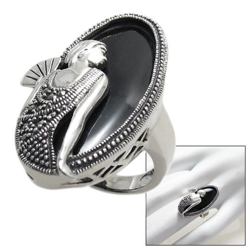Flapper with fan in black onyx and silver | 35mm | Wholesale sterling silver rings | Combo photo.