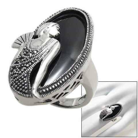 Flapper with fan in black onyx and silver | 35mm | Wholesale sterling silver rings | Combo photo.