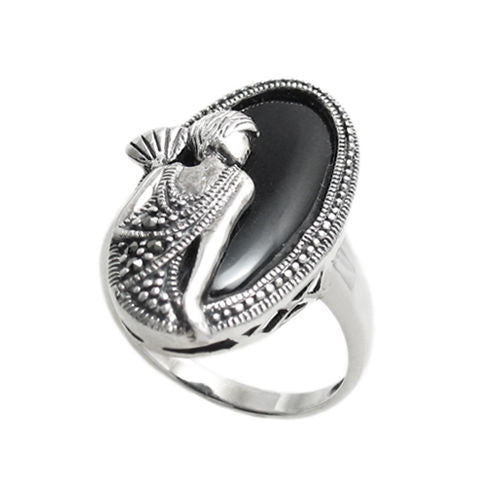 Flapper by the sea with fan in black onyx & silver. Wholesale sterling silver rings. Alternate