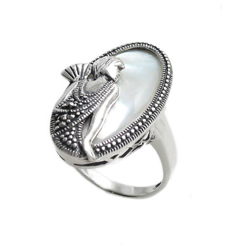 Flapper with fan in mother of pearl and silver. Wholesale sterling silver rings. Alternate photo.