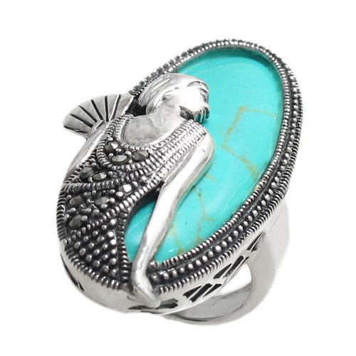 Flapper with fan in turquoise and silver | 35mm | Wholesale sterling silver rings | Alternate photo.