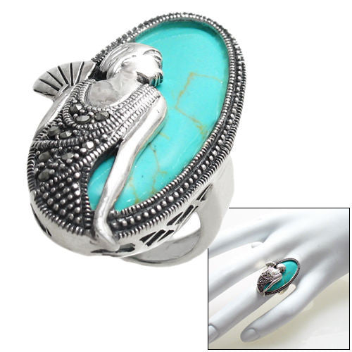 Flapper with fan in turquoise and silver | 35mm | Wholesale sterling silver rings | Combo photo.