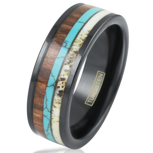 Flat black tungsten ring | deer antler & blue turquoise & Koa wood inlays | Wholesale tungsten rings - wedding rings | Diagonal photo