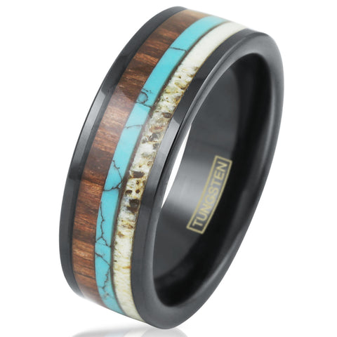 Flat black tungsten ring | deer antler & blue turquoise & Koa wood inlays | Wholesale tungsten rings - wedding rings | Diagonal photo